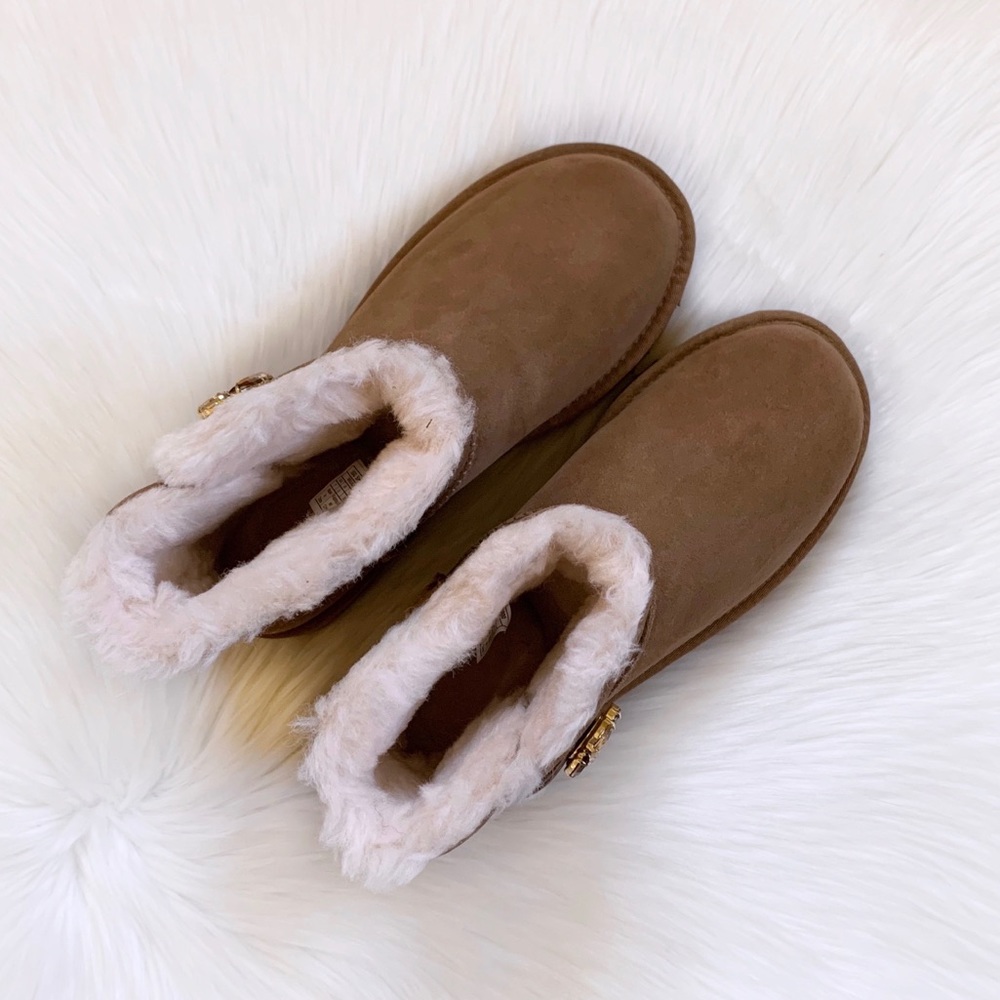 UGG Mini Bailey Button Gem Chestnut Boots - Picture 4 of 9